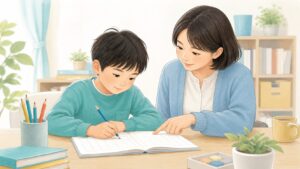 マス目のノートに鉛筆で書く子どもを、隣で見守る支援者