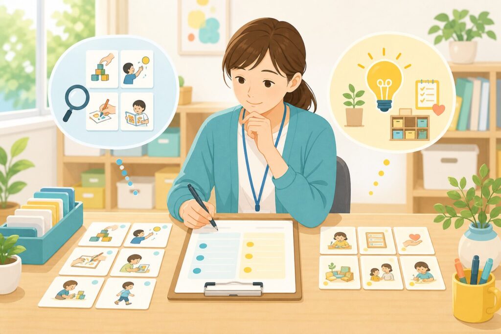発達支援の記録で事実と解釈を分けて整理する支援者のイラスト