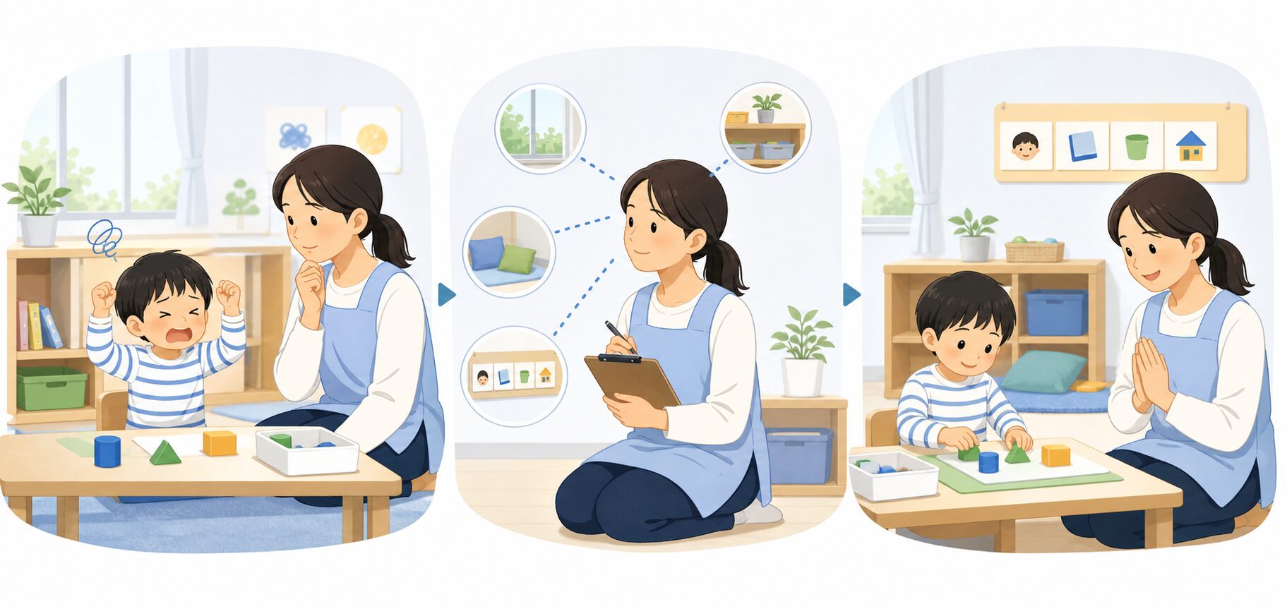 子どもの行動を観察し、背景を考え、環境を調整する支援の流れ