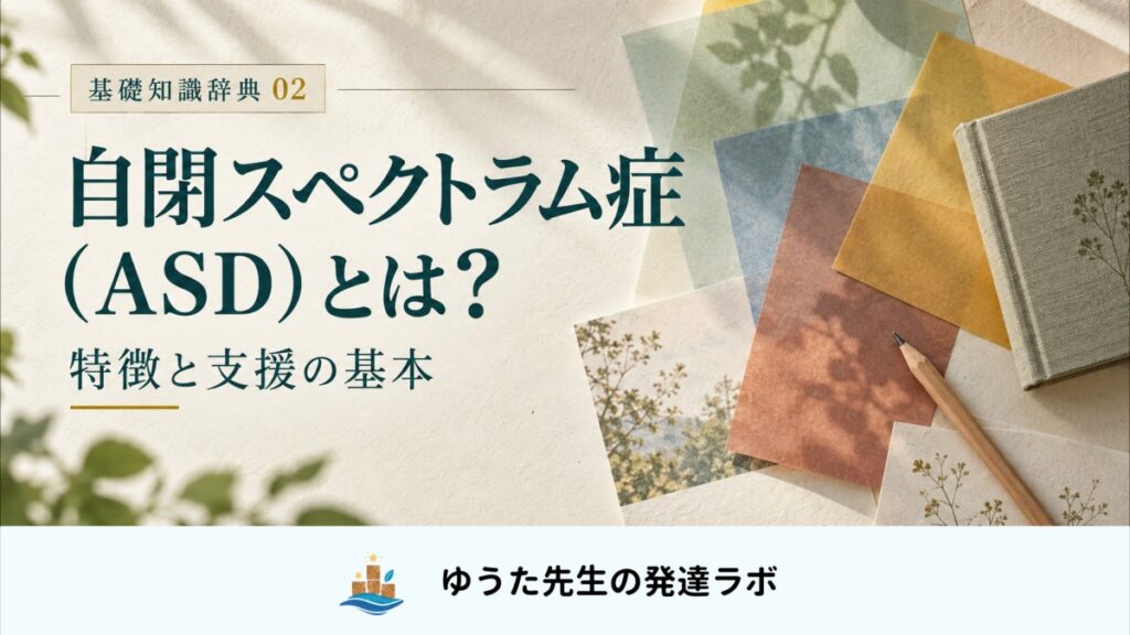 自閉スペクトラム症（ASD）とは？ 特徴と支援の基本。基礎知識辞典02。色の重なる紙と本、ゆうた先生の発達ラボの正式ロゴ