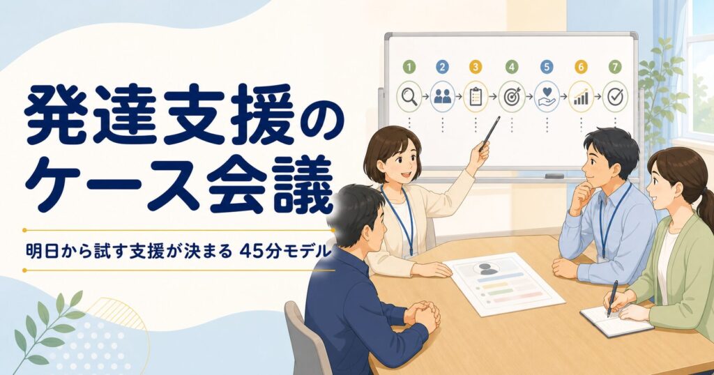 発達支援のケース会議で、4人の支援者が7つの手順を確認しているイラスト