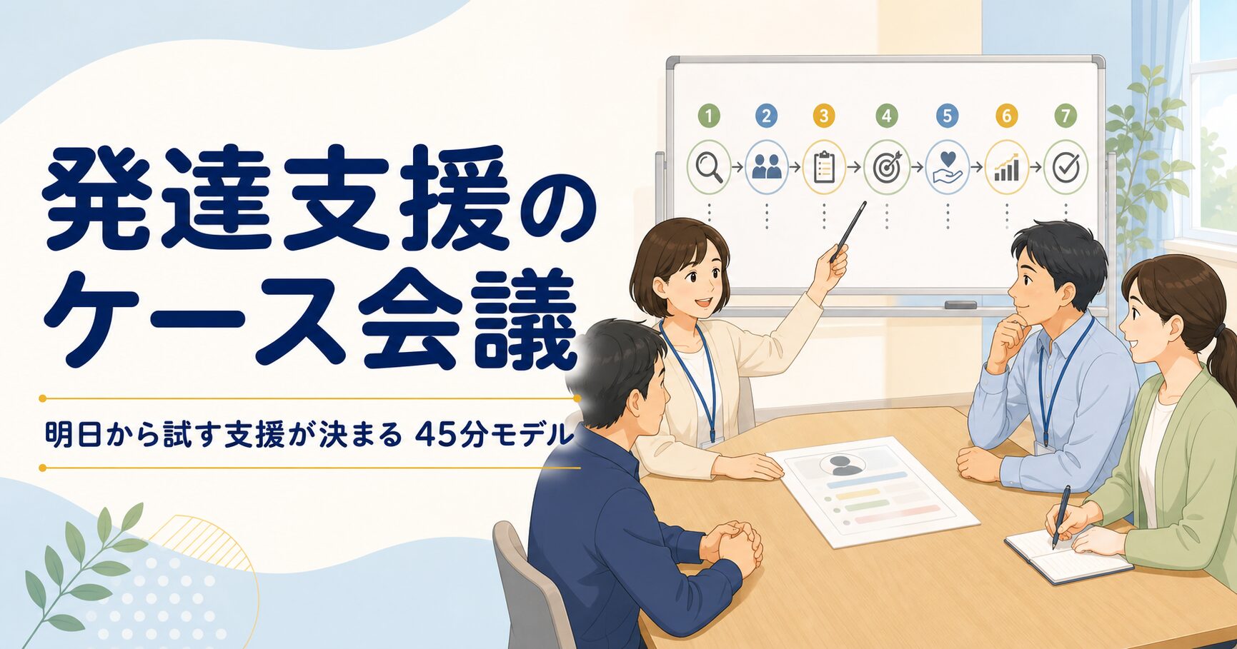 発達支援のケース会議で、4人の支援者が7つの手順を確認しているイラスト