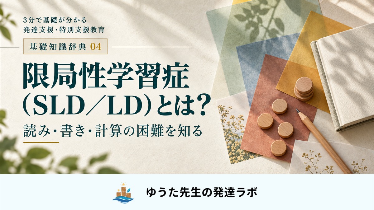 限局性学習症(SLD/LD)とは? 読み・書き・計算の困難を知る。基礎知識辞典04。ノートと鉛筆、数を表す木製の円盤、ゆうた先生の発達ラボのロゴ。