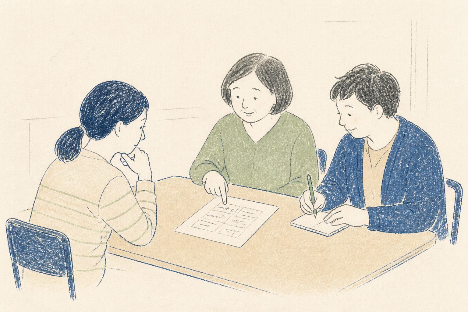子どもへの関わりを、記録を囲んで一緒に考える職員たちのイラスト