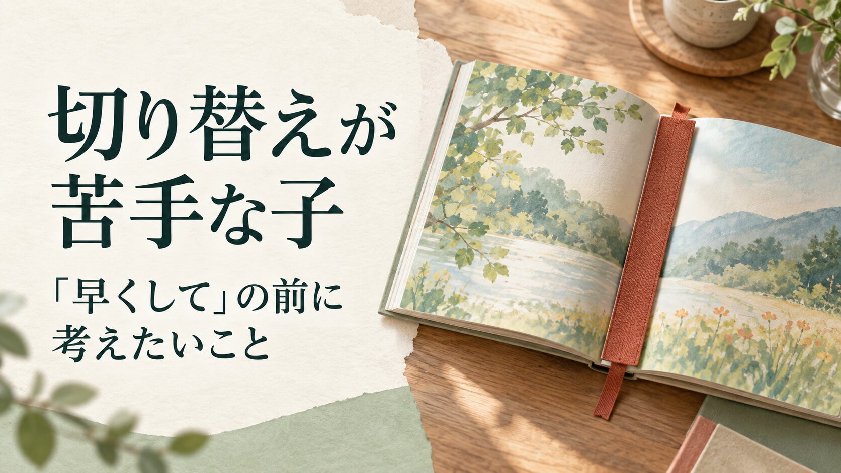切り替えが苦手な子。「早くして」の前に考えたいこと。開いた絵本としおりを配したアイキャッチ