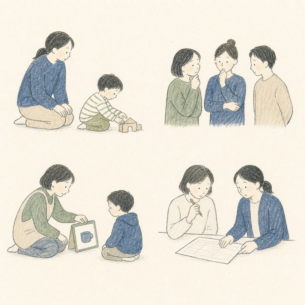 子どもを見る、支援を考える、試す、職員で振り返る場面を描いたイラスト