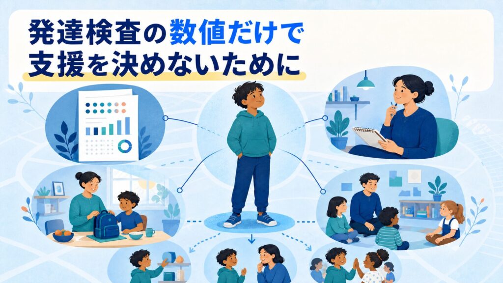 「発達検査の数値だけで支援を決めないために」のタイトルと、検査・観察・生活場面をつないで支援を考えるイラスト